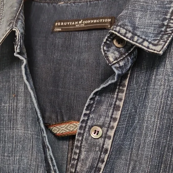 Peruvian Connection Tencel  Distressed Look Denim Shirt Women's Small - Picture 2 of 3